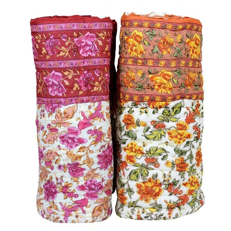 LOARSHY Pure Cotton Floral Printed Quilt | Lightweight and Warm Jaipuri Rajasthani Single Bed Razai | Soft Razai for Winters | Gift Item for Family and Friends (Beige and Pink, Pack of 2) - Image 1