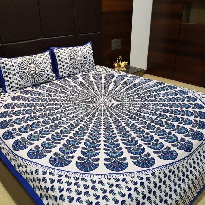 100 COTTON RAJASTHANI JAIPURI TRADITIONAL PRINT KING SIZE DOUBLE BED BEDSHEET WITH 2 PILLOW COVERS DOUBLE MORE PANKHBLUE