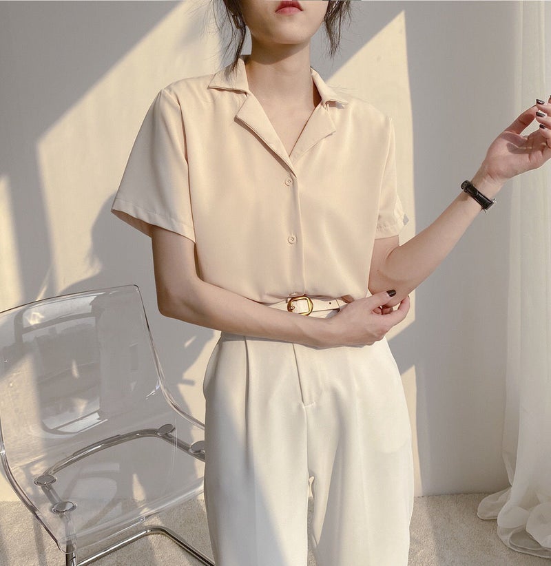 Shirt Womens Solid Color Top 2023 Spring Dress Academy Style Retro Korean Professional Dress Collar Student Summer Short Sleeve Apricot - Image 1