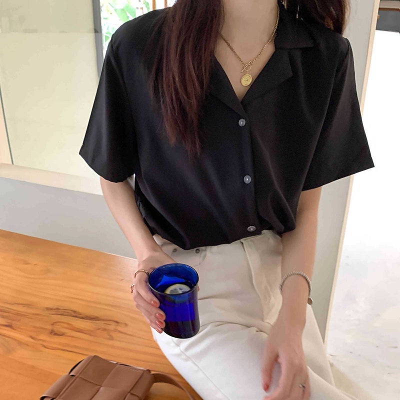 Shirt Womens Solid Color Top 2023 Spring Dress Academy Style Retro Korean Professional Dress Collar Student Summer Short Sleeve Apricot - Image 2