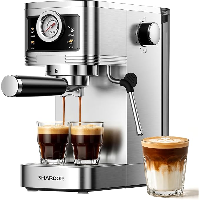 SHARDOR Espresso Machine 20 Bar with Pressure Gauge, Stainless Steel | Expresso Machine with Milk Frother, 1350W Heating, NTC Precision Temp, LED Touchscreen, One-Touch Descaling, 45 OZ Water Tank - Image 1