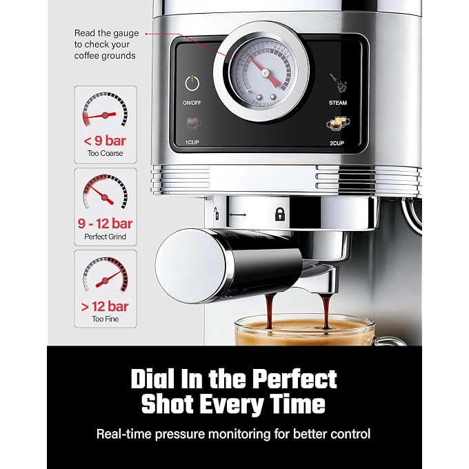 SHARDOR Espresso Machine 20 Bar with Pressure Gauge, Stainless Steel | Expresso Machine with Milk Frother, 1350W Heating, NTC Precision Temp, LED Touchscreen, One-Touch Descaling, 45 OZ Water Tank - Image 3