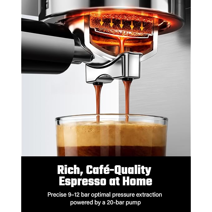 SHARDOR Espresso Machine 20 Bar with Pressure Gauge, Stainless Steel | Expresso Machine with Milk Frother, 1350W Heating, NTC Precision Temp, LED Touchscreen, One-Touch Descaling, 45 OZ Water Tank - Image 2