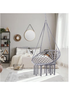 Hammock Chair, Hanging Swing with Macrame, Max 330 Lbs, Beige Hanging Cotton Rope Chair for Indoor, Outdoor, Bedroom, Patio, Yard, Deck, Garden and Porch, Grey