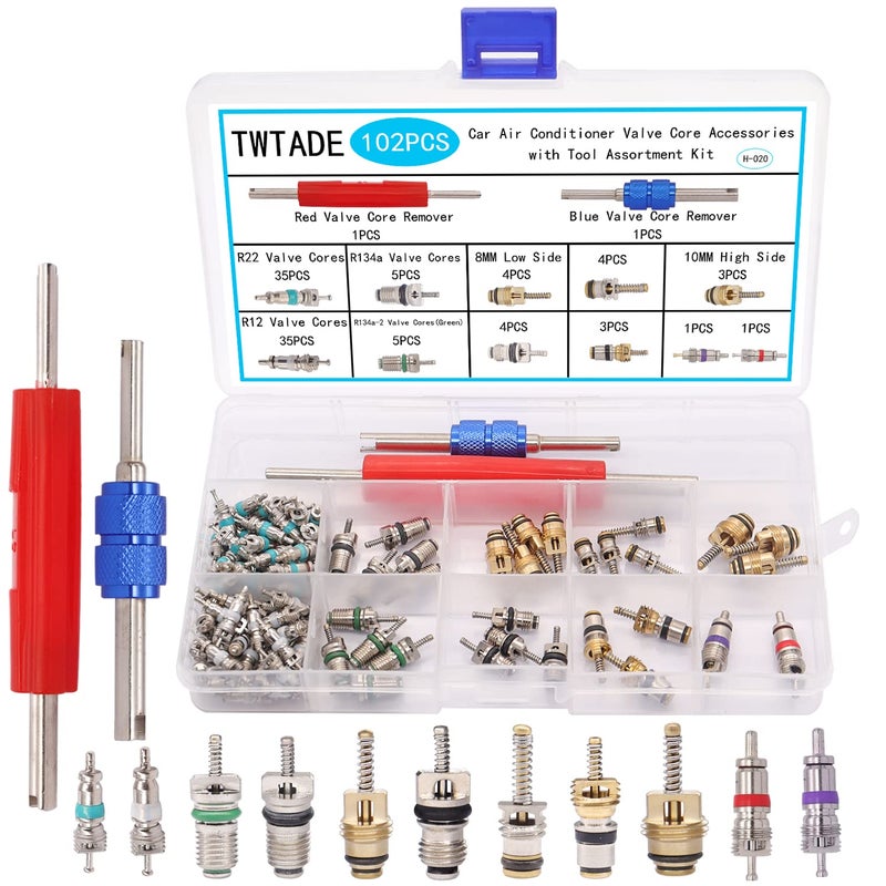 TWTADE 102PCS Air Conditioner Valve Core Accessories with Remover Tool Assortment Kit R12 R134a Refrigeration Tire Valve Stem Cores Repair Kit CA-H-020 - Image 1