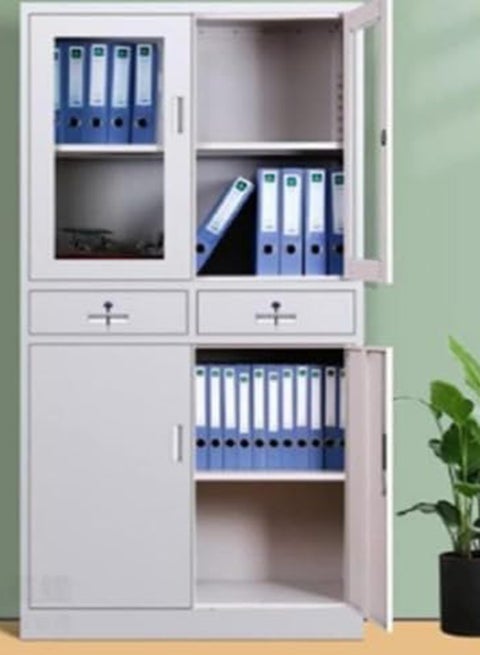 خزانة ملابس من الفولاذ Maf ذات بابين علويين من الزجاج، ودرجين وسطيين قابلين للقفل Maf-Fc20 وبابين سفليين، وخزانة لغرفة المعيشة والمطبخ والمكتب والمدرسة، باللون الرمادي