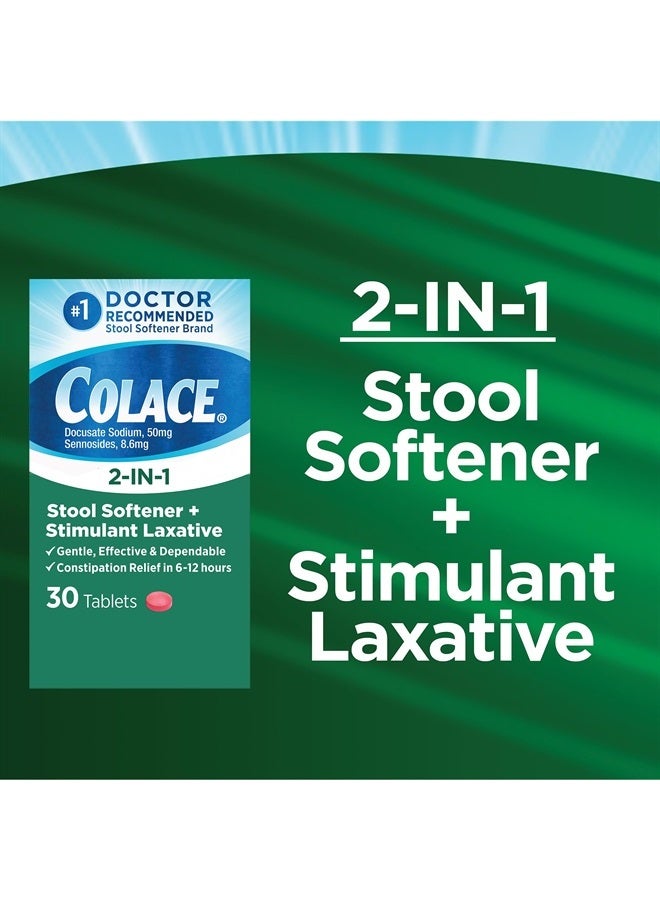 COLACE 2-In-1 Stool Softener & Stimulant Laxative Tablets, Gentle Constipation Relief in 6-12 Hours, 30 Count - Image 3