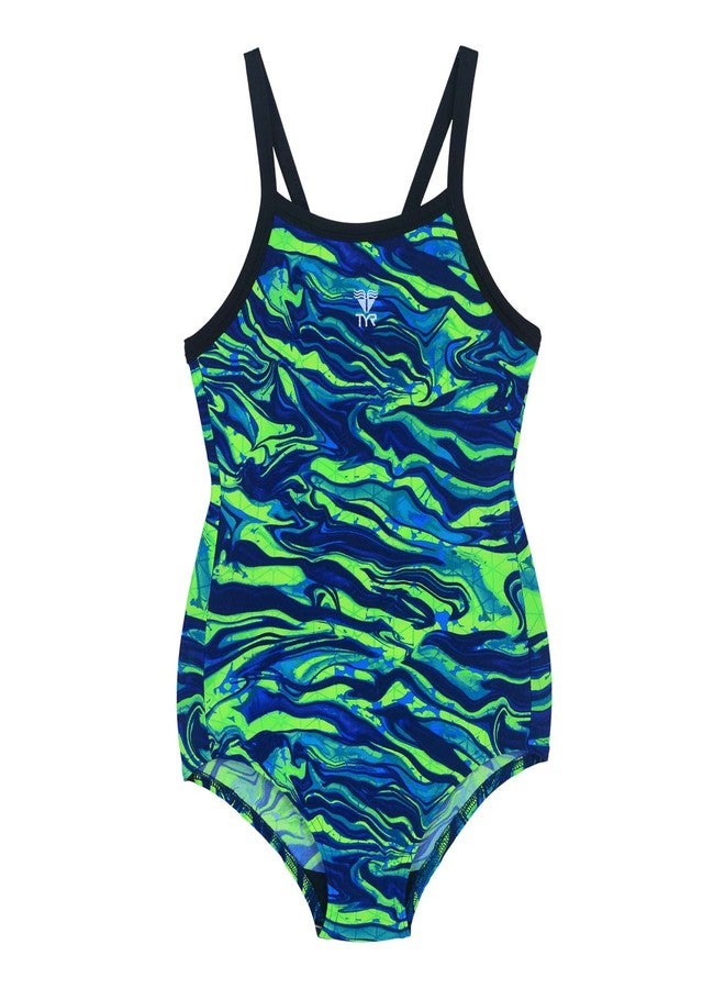 TYR in Miramar V Cut Polyester Girls Swimsuit, 34 (Blue/Green) - Image 1
