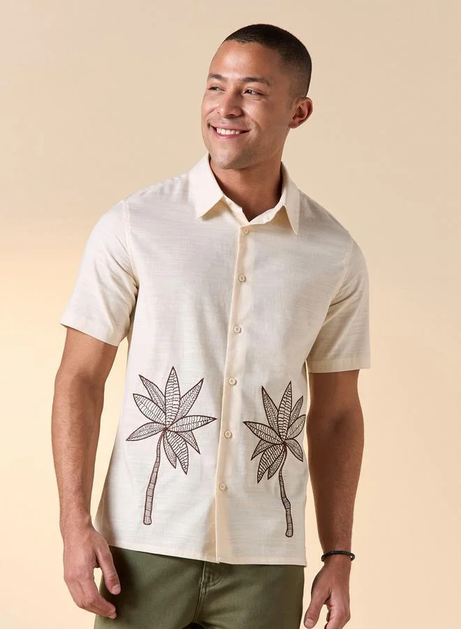 Lee Cooper Relaxed Fit Embroidered Shirt with Collar and Short Sleeves