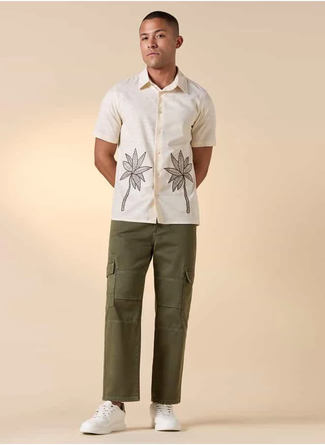 لي كوبر Lee Cooper Relaxed Fit Embroidered Shirt with Collar and Short Sleeves