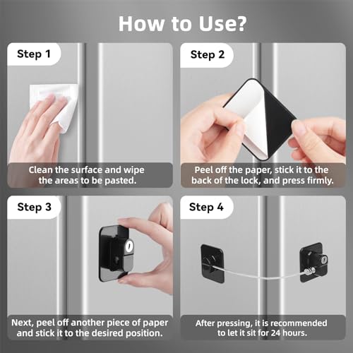 CTEOUNPT Fridge Lock with Key, Safety Lock for Refrigerator, Cabinet, Drawer, Window – Easy to Install, No Drilling(2 Pack, Rectangle Black) - Image 4