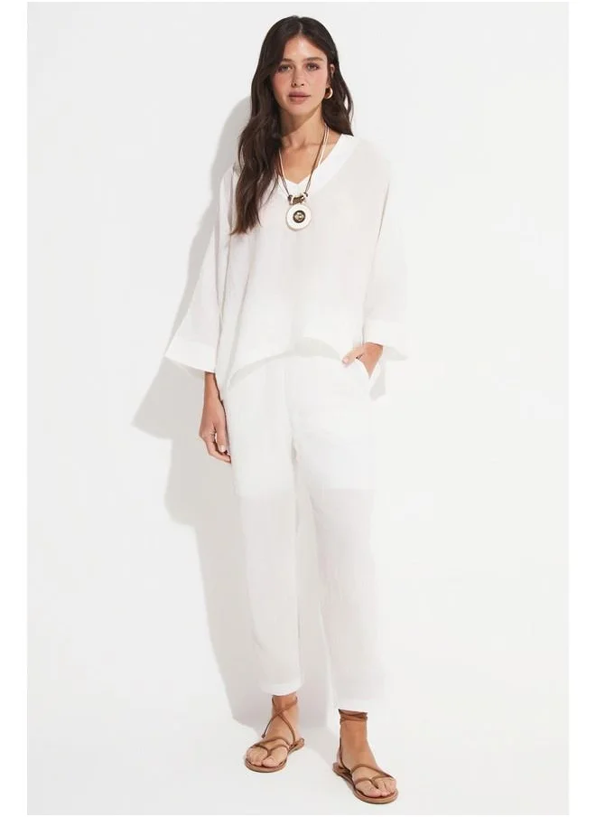 جون June Blouse Trouser Set White