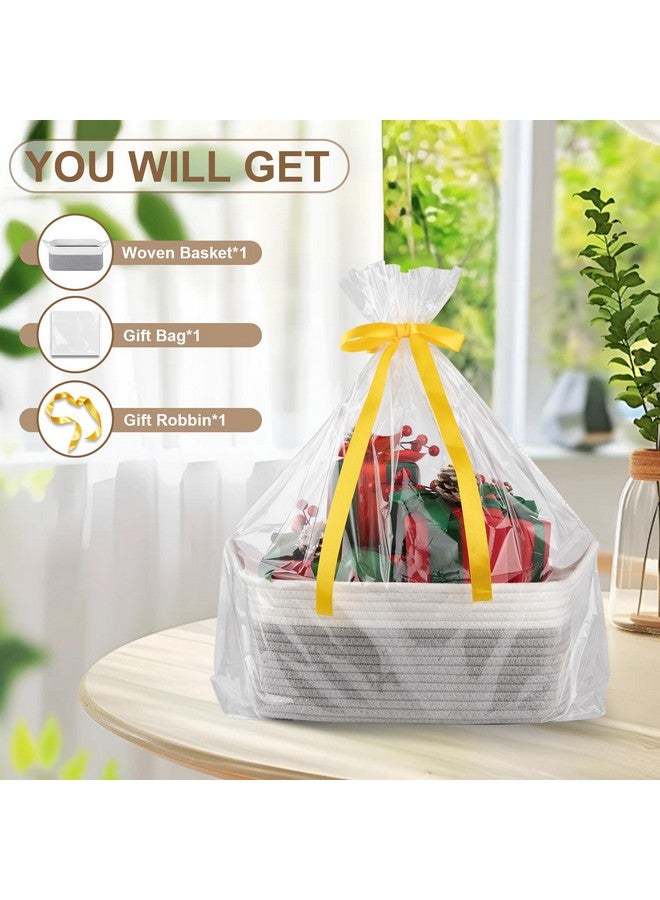 OIAHOMY Small Basket with Handles, Cotton Rope Dog Cat Toy Bin, Woven Storage Baskets for Living Room Nursery, Gift Basket Empty for Halloween, Christmas, 13.5"x10"x6", Grey & White - Image 3