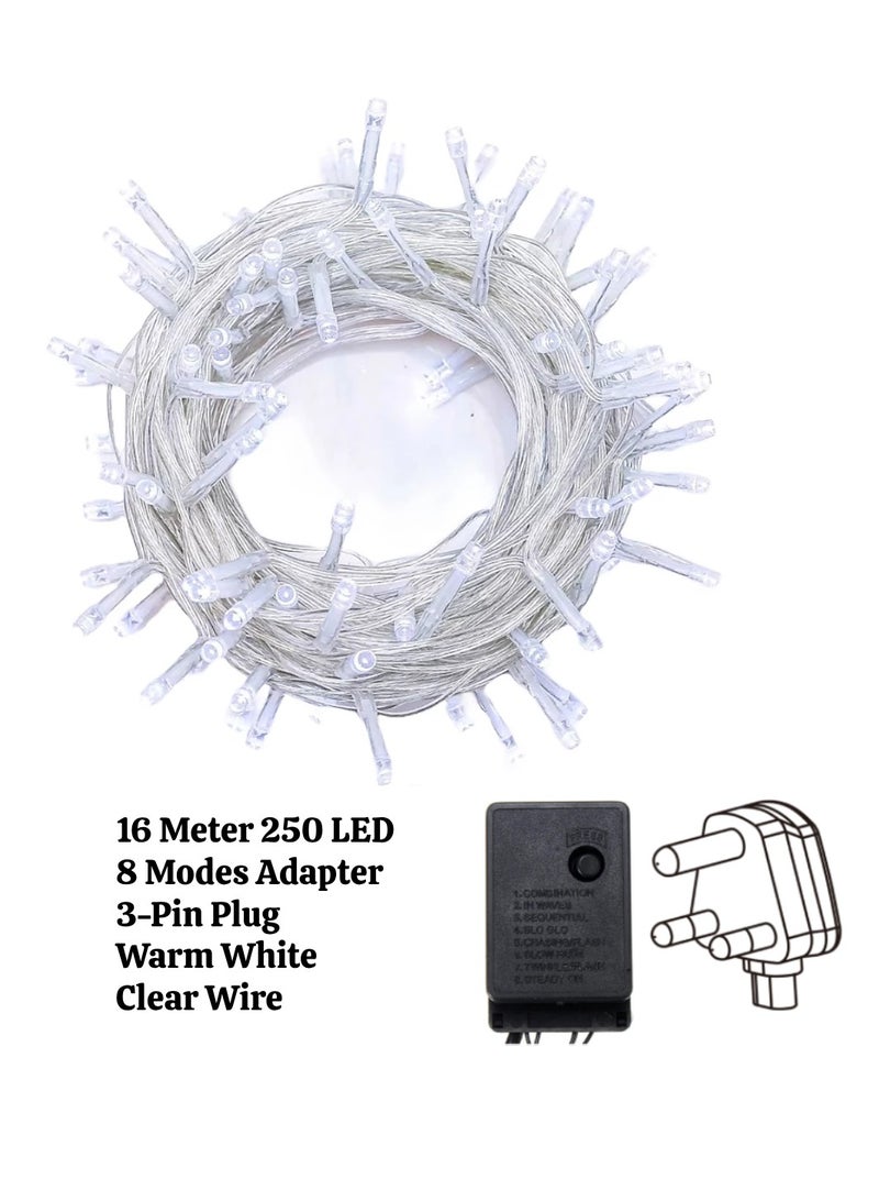يوويل 16 متر 250 أضواء LED سلسلة أضواء الديكور ضوء أبيض دافئ 8 أوضاع LED ضوء سلك واضح لديكورات المنزل أضواء رمضان ديكور داخلي وخارجي رمضان ديكور ضوء ديوالي أضواء الستار مع 3 دبوس المملكة المتحدة التوصيل - Image 2