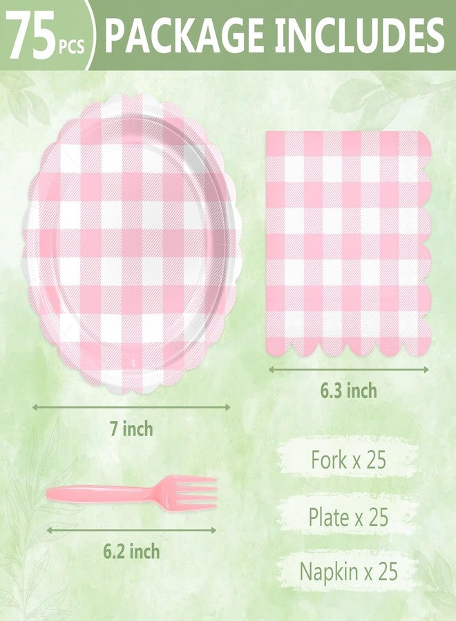 Mulbozy 75 Pink Gingham Plates and Napkins Disposable Set Includes Dessert Cake Scalloped Plates, Cocktail Napkins, Forks for for Holiday Party Supplies - Image 2