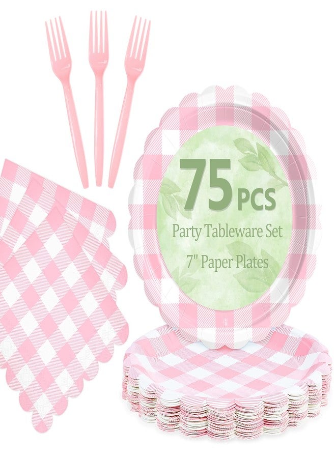 Mulbozy 75 Pink Gingham Plates and Napkins Disposable Set Includes Dessert Cake Scalloped Plates, Cocktail Napkins, Forks for for Holiday Party Supplies - Image 1