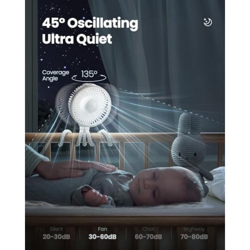 Oscillating Baby Stroller Fan with LED Night Light, 4 Speeds Cooling Rechargeable 360° Rotate Clip On, Battery Operated Small Portable Fans for Car Seat Crib Treadmill Travel - Image 2