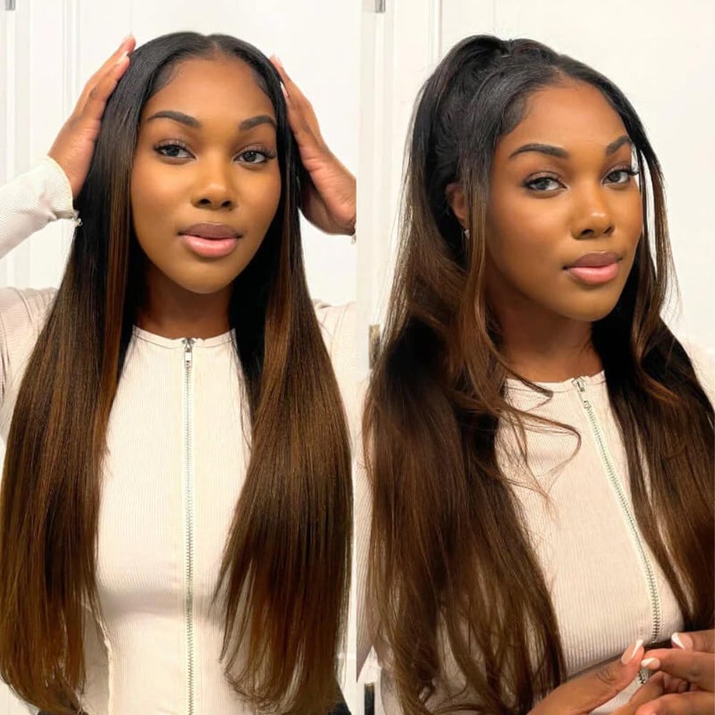 Beauty Forever V Part Wig Human Hair Yaki Straight EasiContour Vpart Wigs No Leave Out Ombre Chestnut Brown Glueless Upgraded U Part Wigs for Women None Lace Front Wigs T128 Color 150 Density 22inch