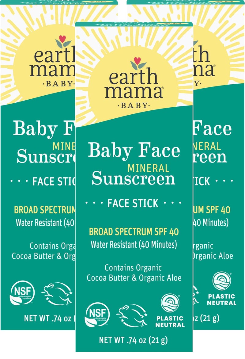 Earth Mama Baby Face Mineral Sunscreen Stick SPF 40 | Non-Nano Zinc, Natural Water Resistant Sun Cream for Babies, Kids & Adults 0.74-Ounce, 3-Pack - Image 1