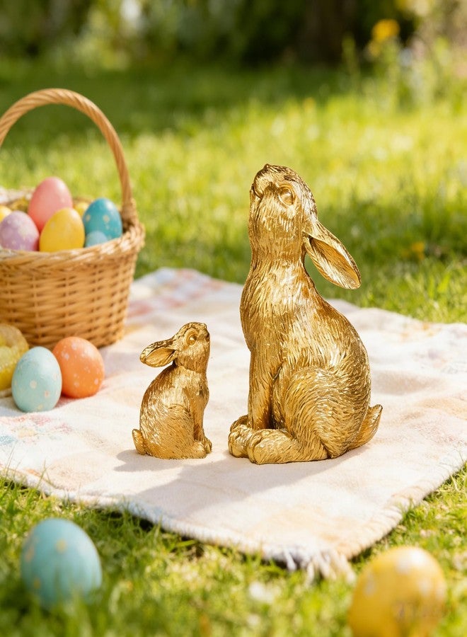 Zensounding 2pcs Easter Rabbit Resin Statues, one Large and one Small, Gazing lovingly at Each Other; Outdoor Patio Sculptures, Unique Easter Spring Home Decor Gifts (Gold) - Image 4