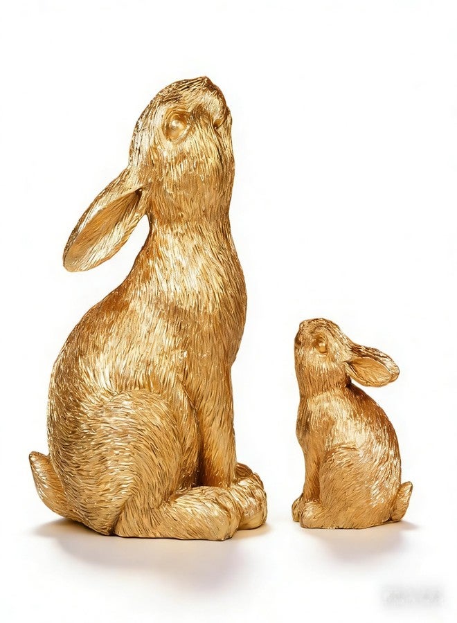 Zensounding 2pcs Easter Rabbit Resin Statues, one Large and one Small, Gazing lovingly at Each Other; Outdoor Patio Sculptures, Unique Easter Spring Home Decor Gifts (Gold) - Image 1