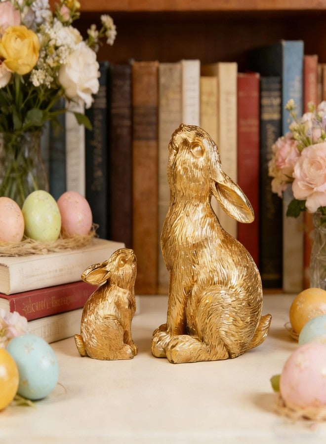 Zensounding 2pcs Easter Rabbit Resin Statues, one Large and one Small, Gazing lovingly at Each Other; Outdoor Patio Sculptures, Unique Easter Spring Home Decor Gifts (Gold) - Image 5
