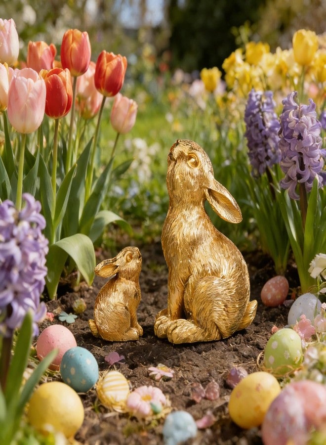 Zensounding 2pcs Easter Rabbit Resin Statues, one Large and one Small, Gazing lovingly at Each Other; Outdoor Patio Sculptures, Unique Easter Spring Home Decor Gifts (Gold) - Image 2