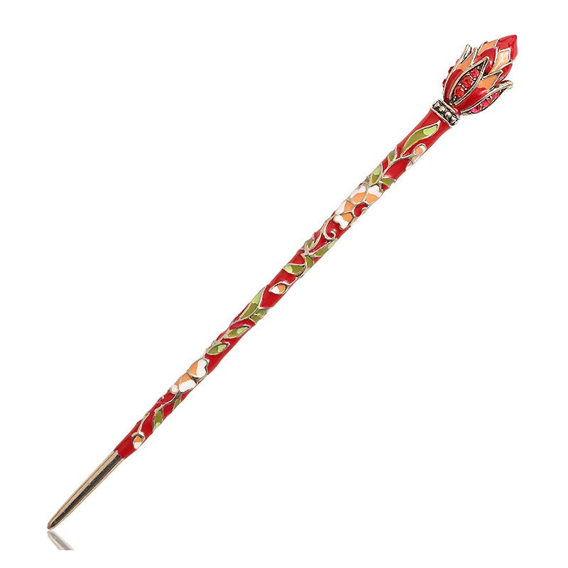 Generic Vintage Cloisonne Lotus Hairpin Hanfu Accessory Lotus red 
