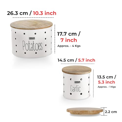 HAZEL Garlic & Potato Storage Containers | Potato Garlic Box Dabba With Wood Lid for Storage, Set of 2, White - Image 4
