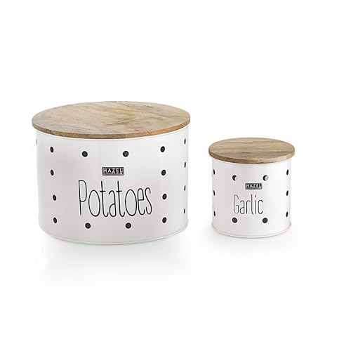 HAZEL Garlic & Potato Storage Containers | Potato Garlic Box Dabba With Wood Lid for Storage, Set of 2, White - Image 1