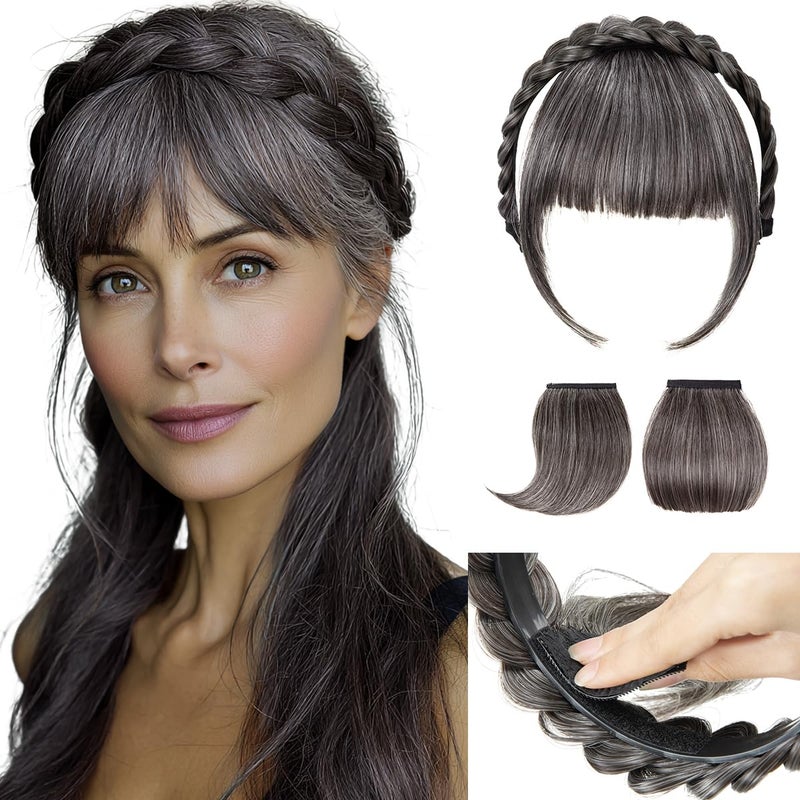SARLA Braided Headband with 3 Detachable Clip in Bangs Fringe Hairpieces Fake Synthetic Hair Band Bangs for Women Pepper Grey - Image 2