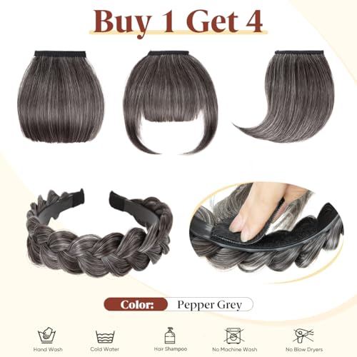 SARLA Braided Headband with 3 Detachable Clip in Bangs Fringe Hairpieces Fake Synthetic Hair Band Bangs for Women Pepper Grey - Image 3