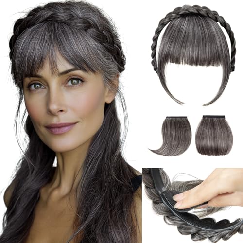 SARLA Braided Headband with 3 Detachable Clip in Bangs Fringe Hairpieces Fake Synthetic Hair Band Bangs for Women Pepper Grey - Image 1