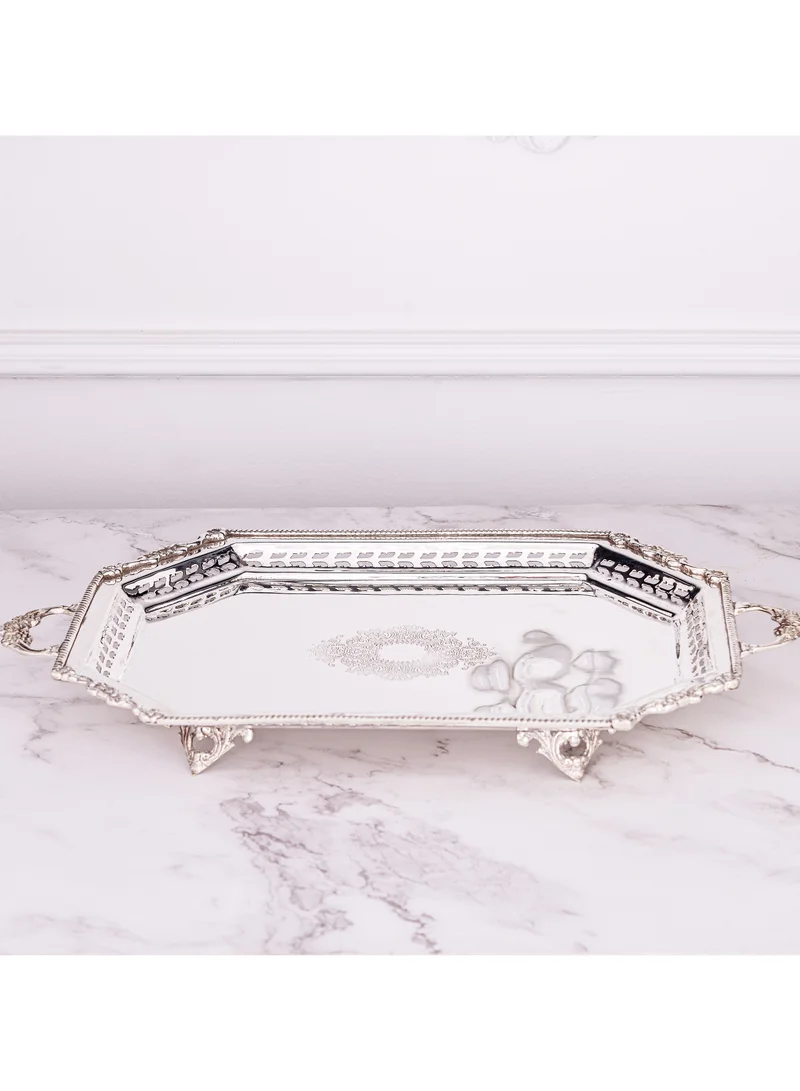 QUESERA Decorative Antique Accent Silver plated Brass Tray with detailed edges by Quesera