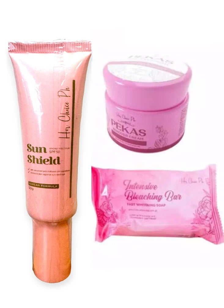 Her Choice Ph Intensive Whitening Soap 120 grams & Cream To Reduce Melasma Freckles and Dark Spots 50 grams & Sun Shield Broad Spectrum SPF50 50gm 