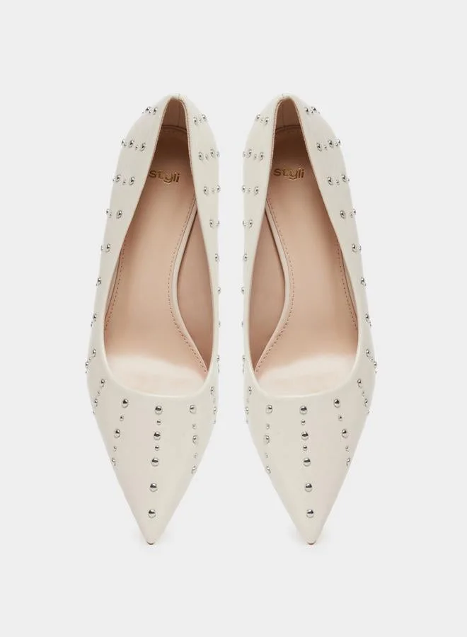 Styli Nude Studded Pointed Toe Court Shoes