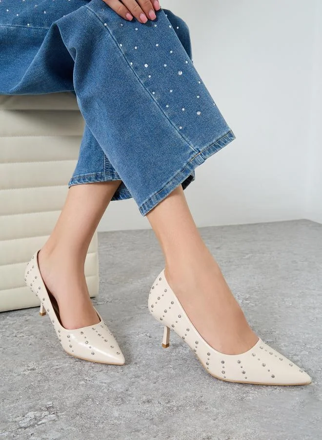 Styli Nude Studded Pointed Toe Court Shoes