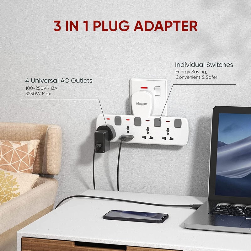 Elexon Universal Multi Extension T Socket Power Adaptor with Surge Protection - 4 Way Outlet Plug - Image 4