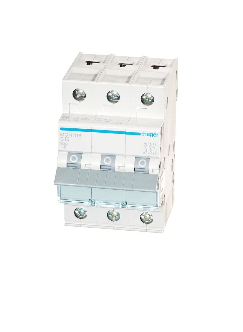 HAGER Miniature circuit breaker Three Pole 16A 6KA TP MCB TYPE C MCN316 *ONEKONEKT - Image 1