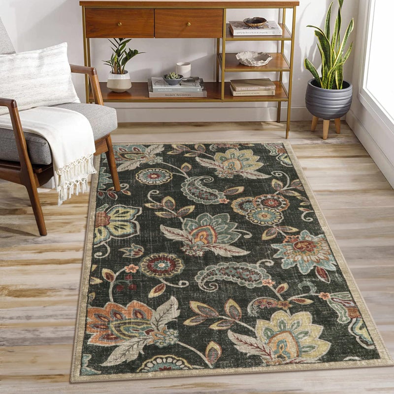 Morebes Floral Washable Rugs 3x5,Brown Throw Rugs for Bedroom Non Slip,Soft Distressed Paisley Bathroom Mat, Entryway Rug Indoor Accent Floor Chair Carpet for Living Room Coffee Table - Image 1