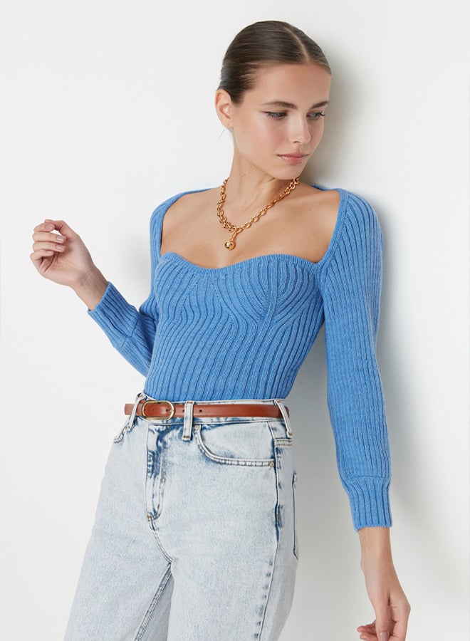 trendyol Blue Crop Heart Neck Knitwear Sweater - Image 1