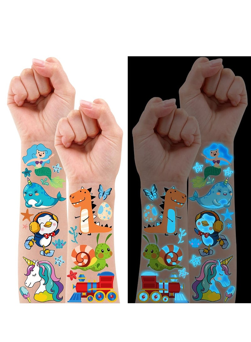 Fluorescent Temporary Tattoos for Kids' Parties, Luminous Blue Assorted Designs Featuring Unicorns, Dinosaurs, Mermaids, and Space Themes - 20 Sheets of Fun Birthday Party Decorations.  - Image 1