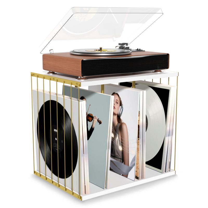 Emfogo Vinyl Record Storage Metal Wooden Vinyl Record Holder Up to 80 Album 3Compartment Record Player Stand for Magazine Book Files Albums White - Image 2