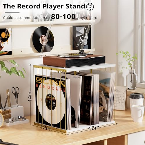 Emfogo Vinyl Record Storage Metal Wooden Vinyl Record Holder Up to 80 Album 3Compartment Record Player Stand for Magazine Book Files Albums White - Image 3