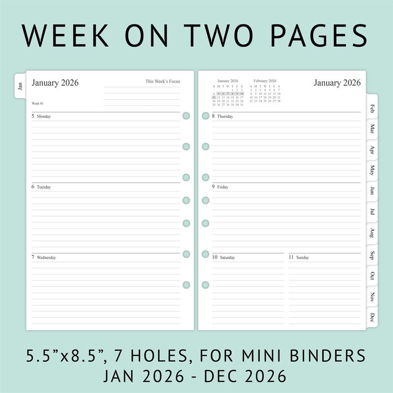 newestor 2026 Weekly & Monthly Planner Refill, 5-1/2" x 8-1/2", Jan 2026 to Dec 2026, 7-Hole Punched for Mini Binders - Image 3