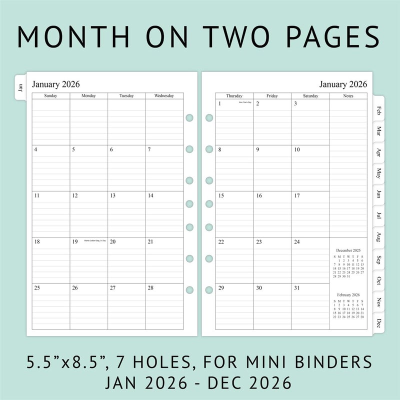 newestor 2026 Weekly & Monthly Planner Refill, 5-1/2" x 8-1/2", Jan 2026 to Dec 2026, 7-Hole Punched for Mini Binders - Image 4