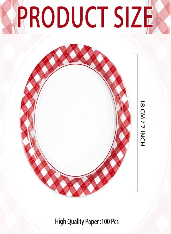 Grencian 100Pcs Red Gingham Paper Plates 7" Red and White Buffalo Checked Plaid Dessert Plates Disposable Gingham Party Supplies for Picnic Barbecue Baby Shower Birthday Party Decorations - Image 2