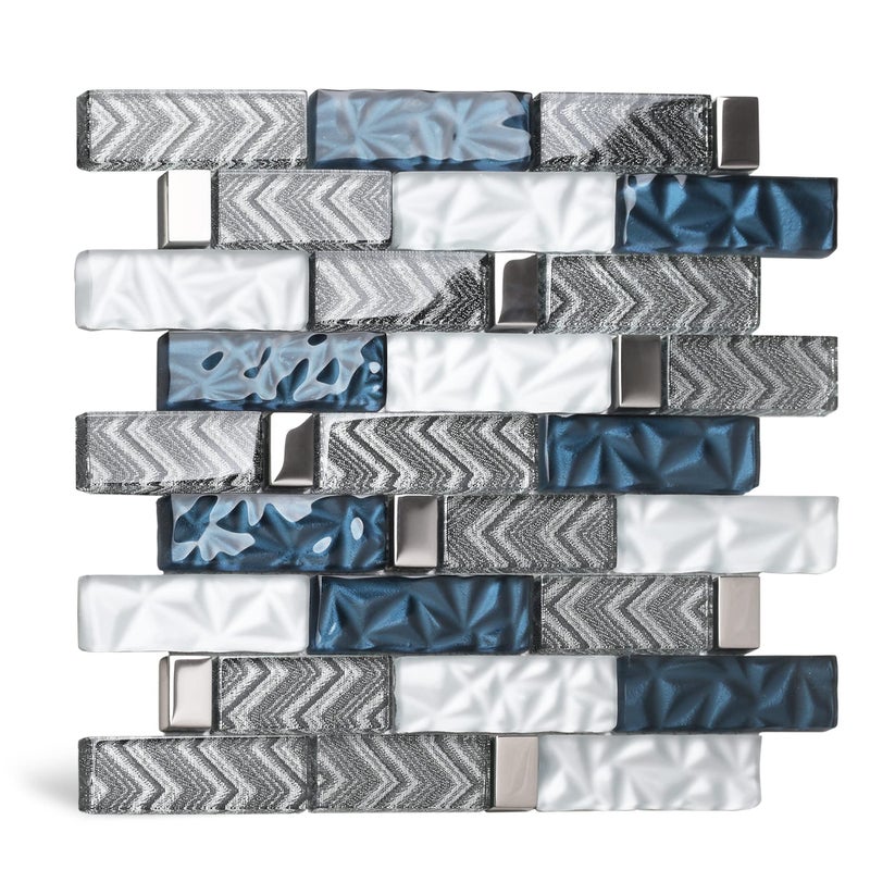 Blujellyfish Glass Tiles Backsplash Subway Blue Mosaic Tile for Kitchen Bathroom Walls Pack of 5 Sheets