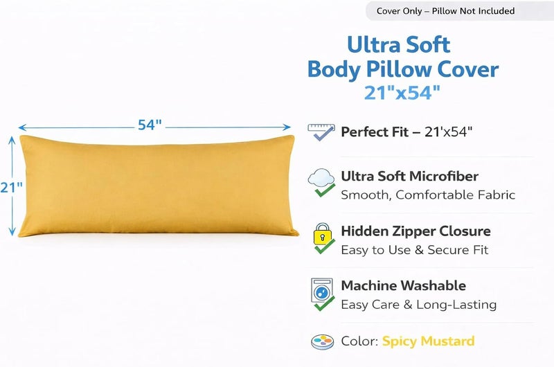 EVOLIVE Body Pillow Covers Pack of 2, 21" x 54", Ultra Soft Brushed Microfiber, Breathable & Cozy Body Pillowcases with Zipper Closure (Spicy Mustard) - Image 2