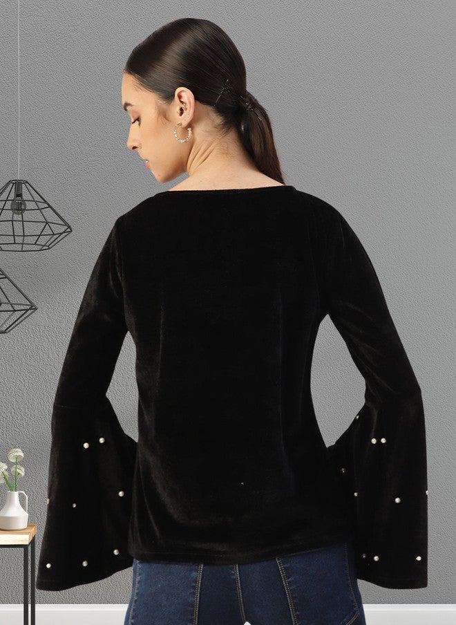 Rue Collection بلوزة سوداء بأكمام جرس للنساء - Image 3